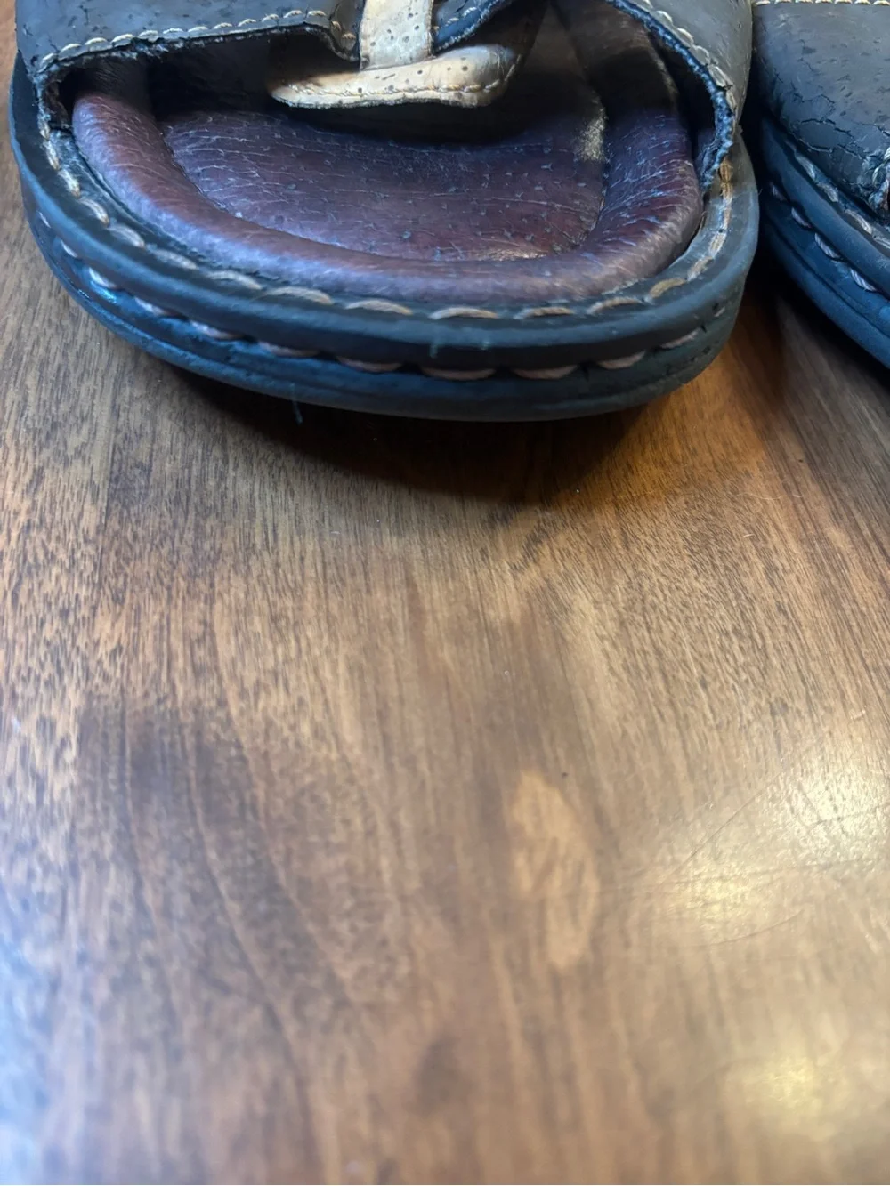 Two-Tone Cork & Dark Brown Leather Slide Sandals